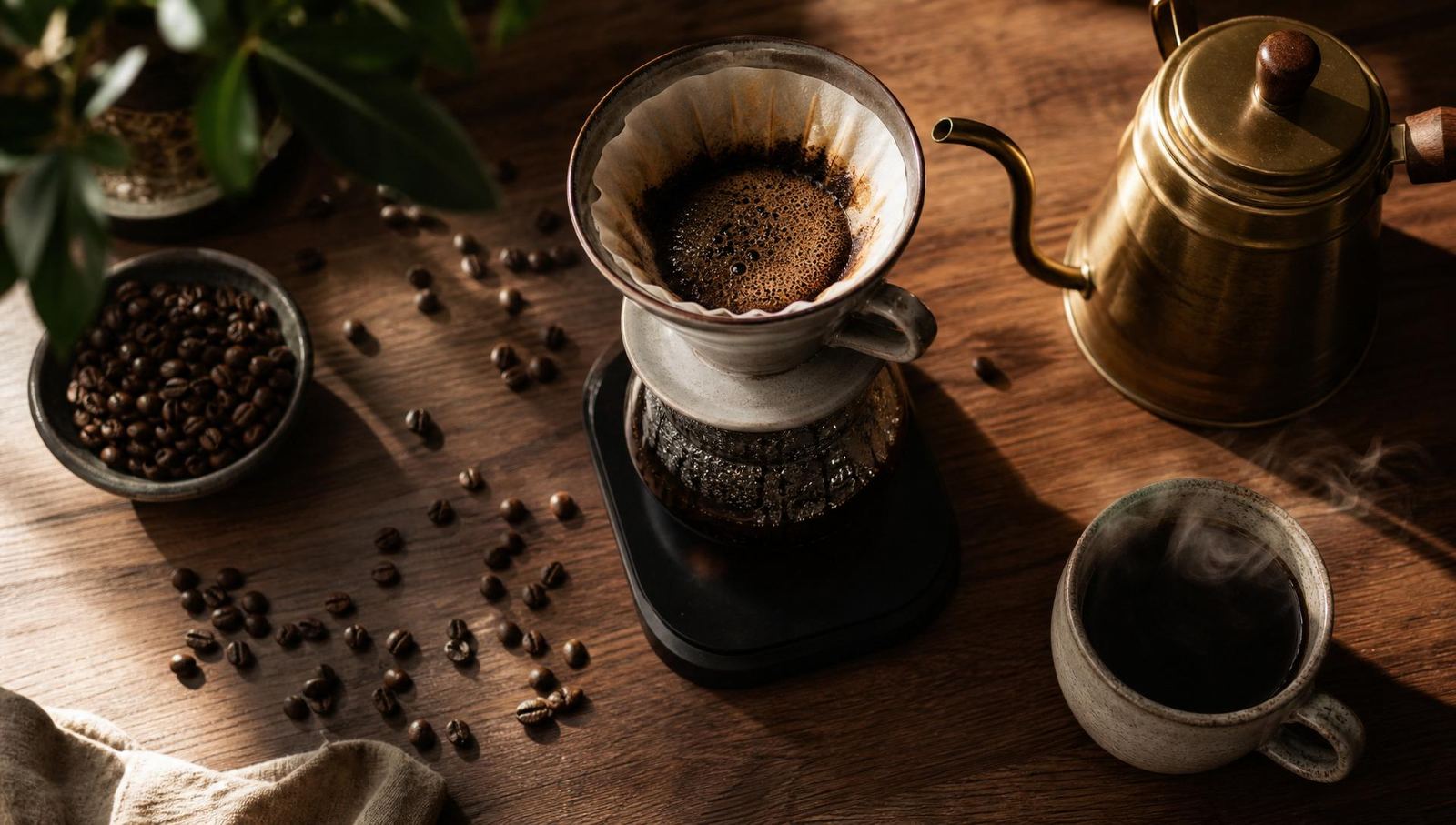 Overhead of a pour-over coffee setup on a warm wooden table