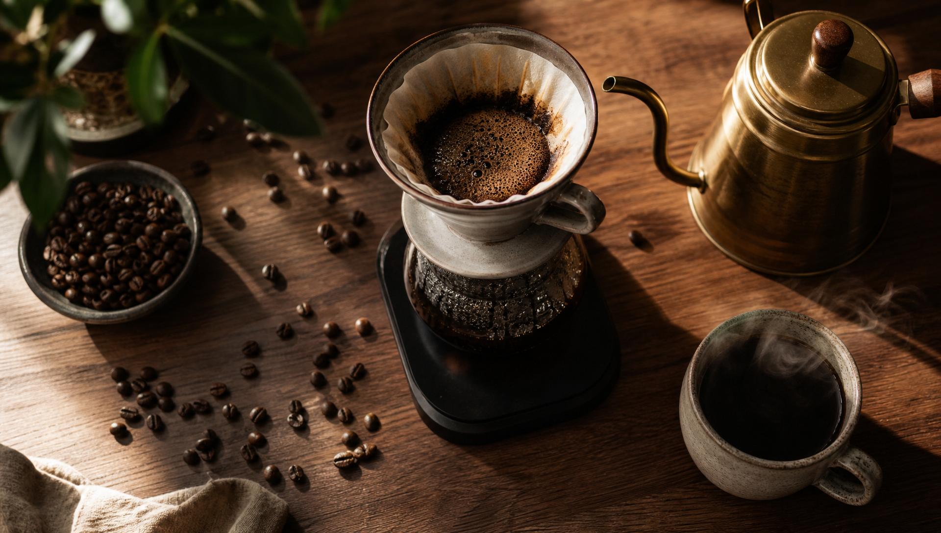 Overhead of a pour-over coffee setup on a warm wooden table